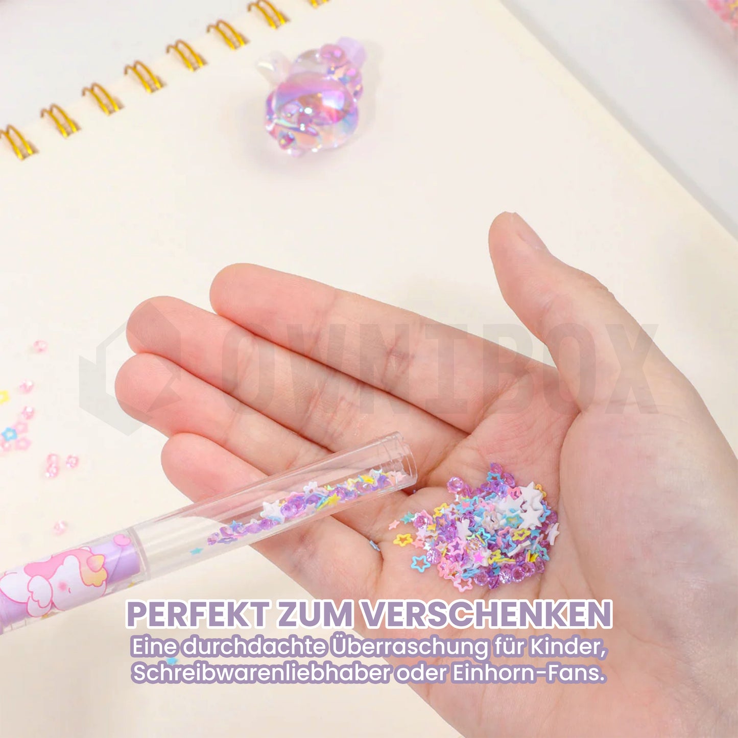 4 Einhorn Kugelschreiber Set – Süße Stifte mit Sternen im Transparenten Design, Schwarze Tinte 0,5 mm, Drehmechanismus + Stofftasche | Geschenk für Schule & Büro