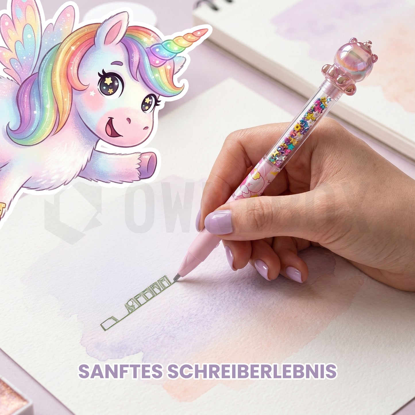 4 Einhorn Kugelschreiber Set – Süße Stifte mit Sternen im Transparenten Design, Schwarze Tinte 0,5 mm, Drehmechanismus + Stofftasche | Geschenk für Schule & Büro