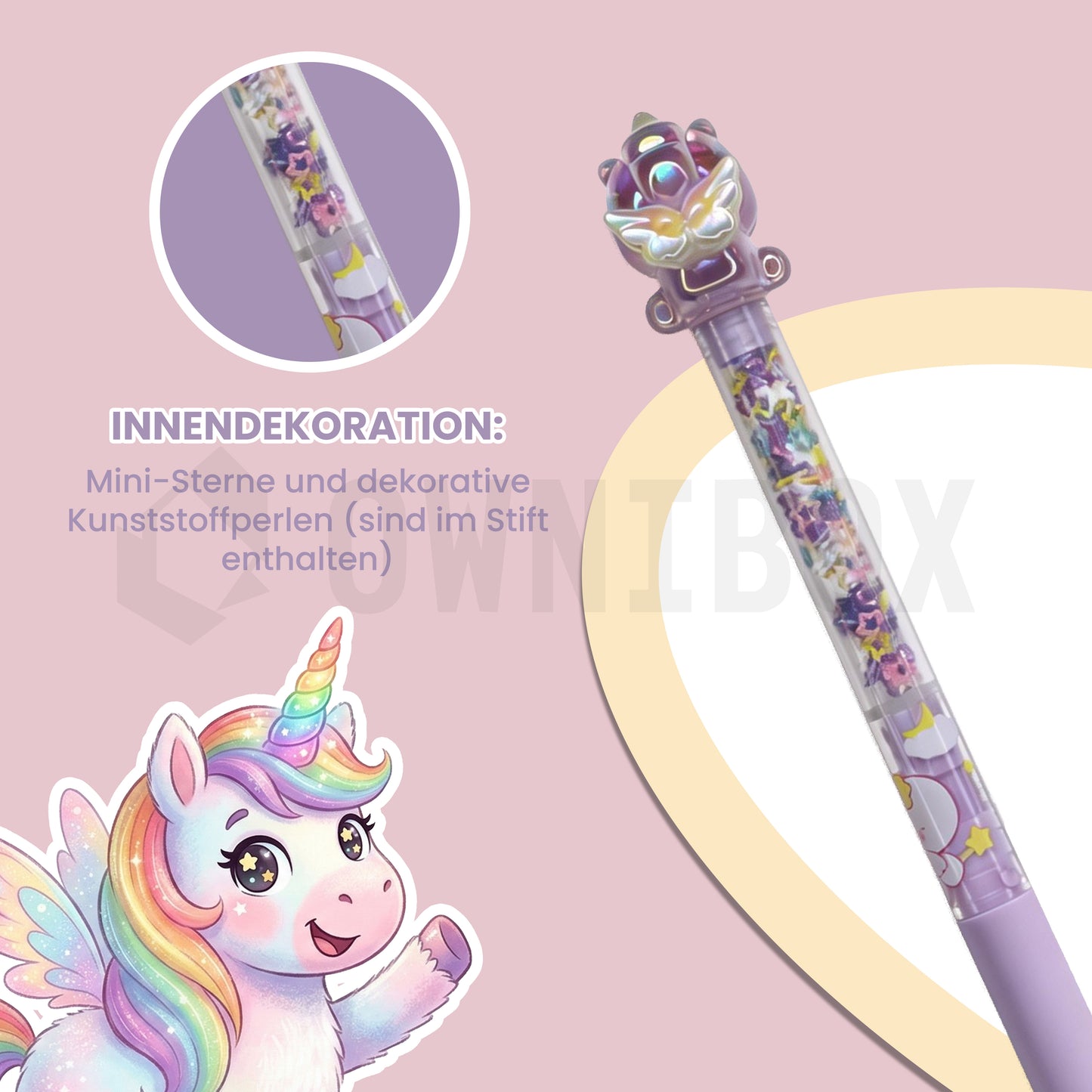 4 Einhorn Kugelschreiber Set – Süße Stifte mit Sternen im Transparenten Design, Schwarze Tinte 0,5 mm, Drehmechanismus + Stofftasche | Geschenk für Schule & Büro